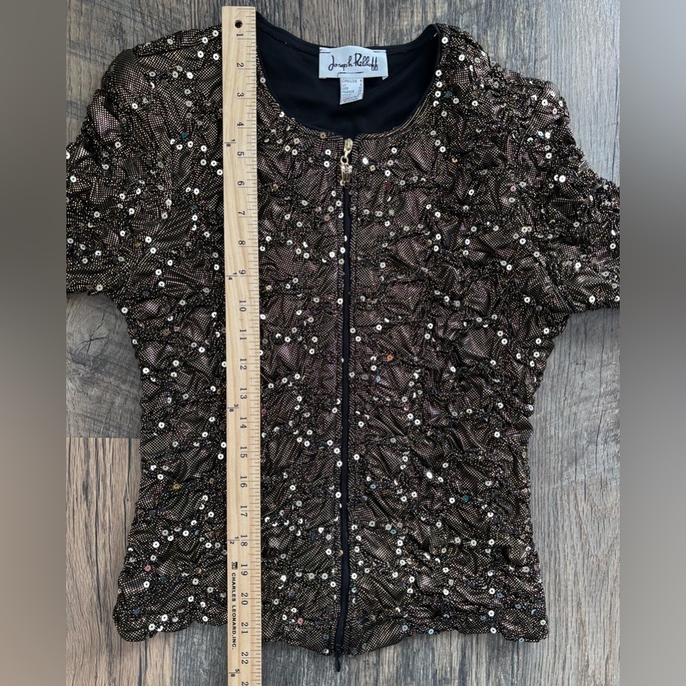 JOSEPH RIBKOFF Metallic Gold Sequin Textured Evening Jacket Size 4US VTG Runched - Picture 5 of 9